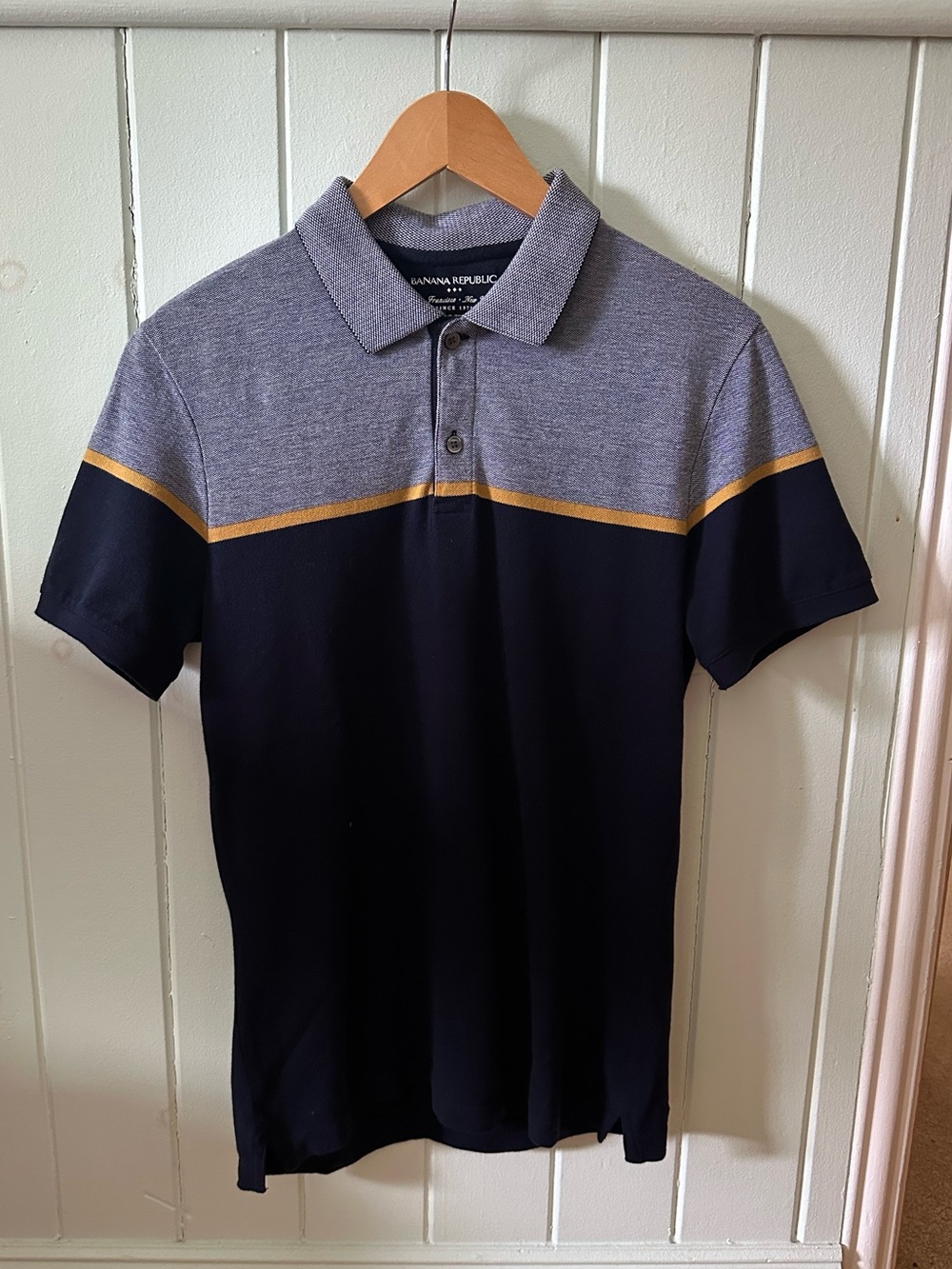 Banana Republic Factory Men’s Two-Tone Polo in Gray, Navy and Yellow Stripe XS